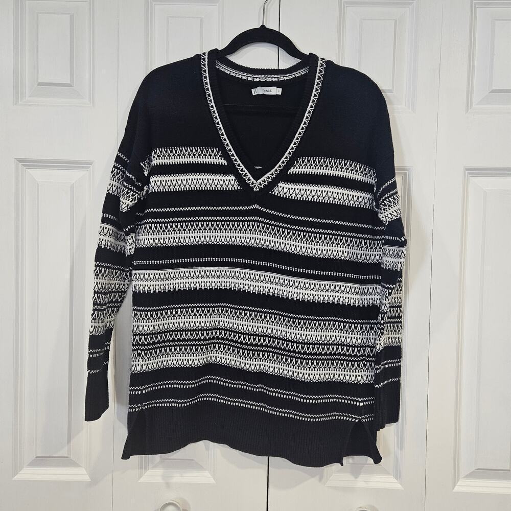 Vince Textured-Stitch Long-Sleeve Sweater Tunic Black/Off White XS
